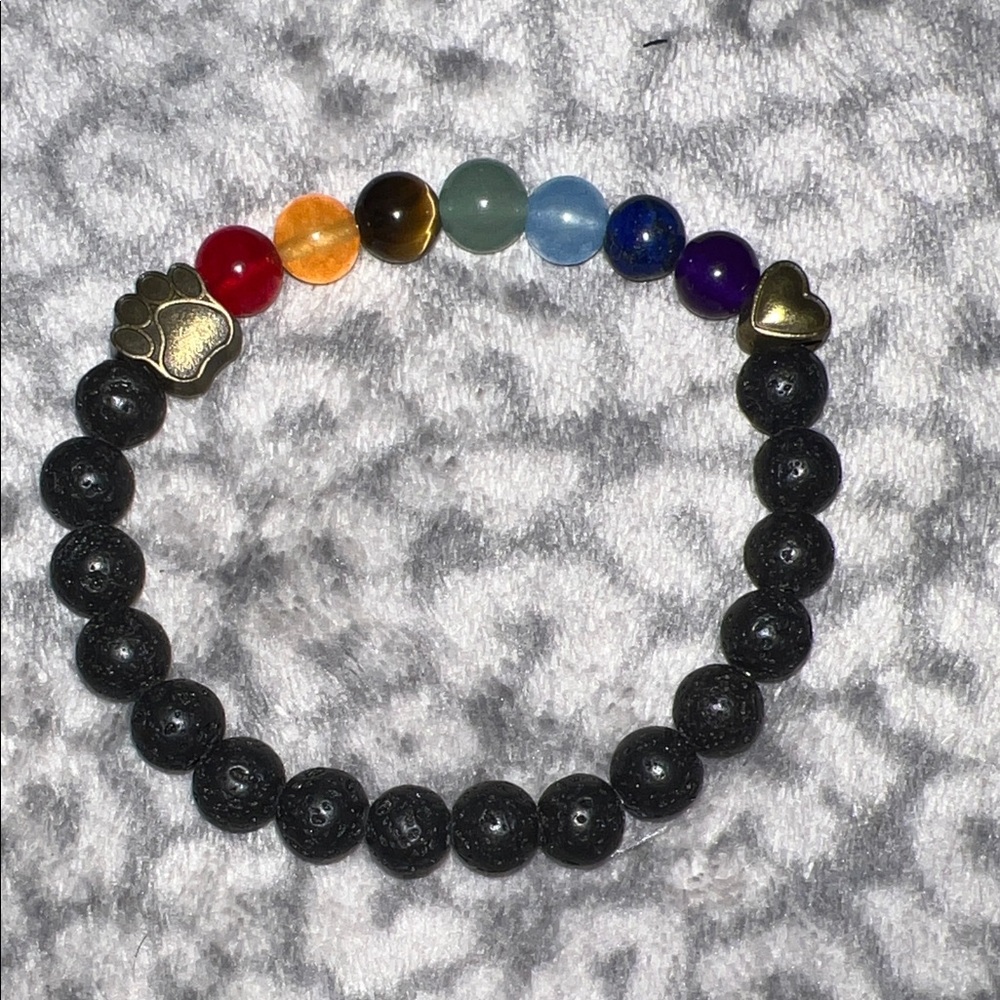 Multicolor Beaded Elastic Bracelet with Gold Tone Heart and Paw Charms - Picture 2 of 4